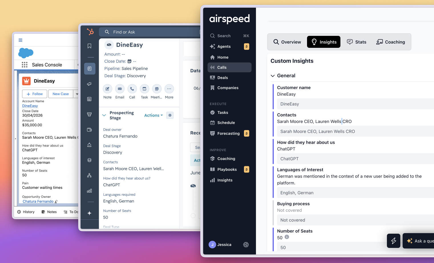 Airspeed writing meetings, notes, tasks, and contacts into Salesforce and HubSpot automatically, mapped to the right opportunities.